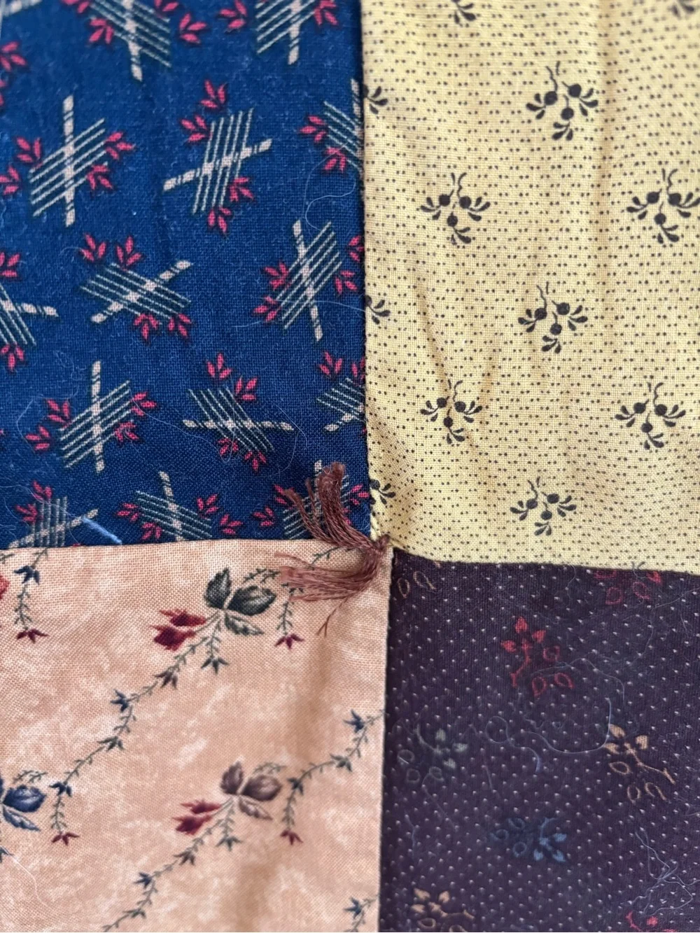Vintage Patchwork Quilt Throw in Mustard, Burgundy & Navy - Unbranded